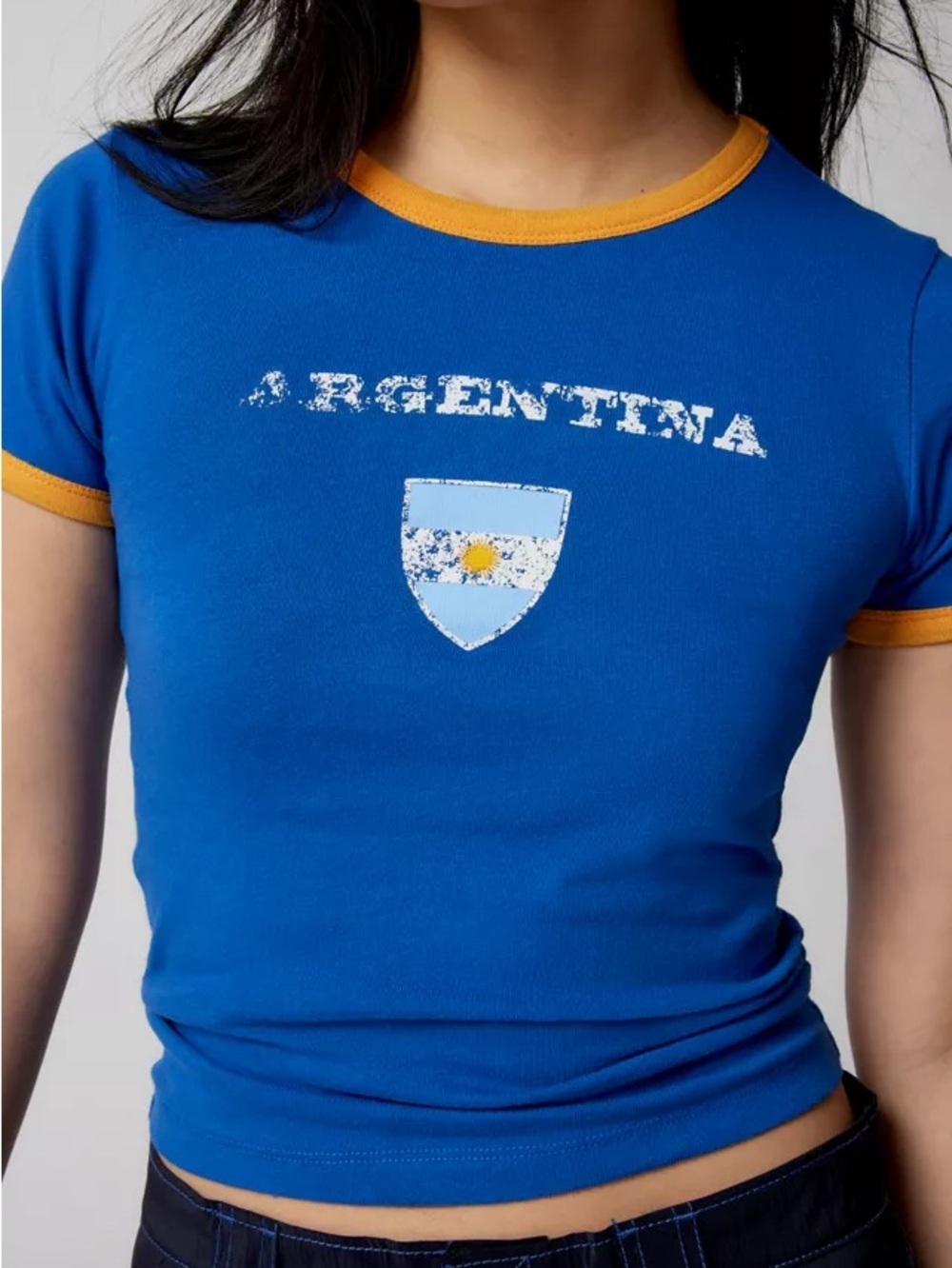 Urban Outfitters Blue Tee with Yellow Trim and Argentina Graphic